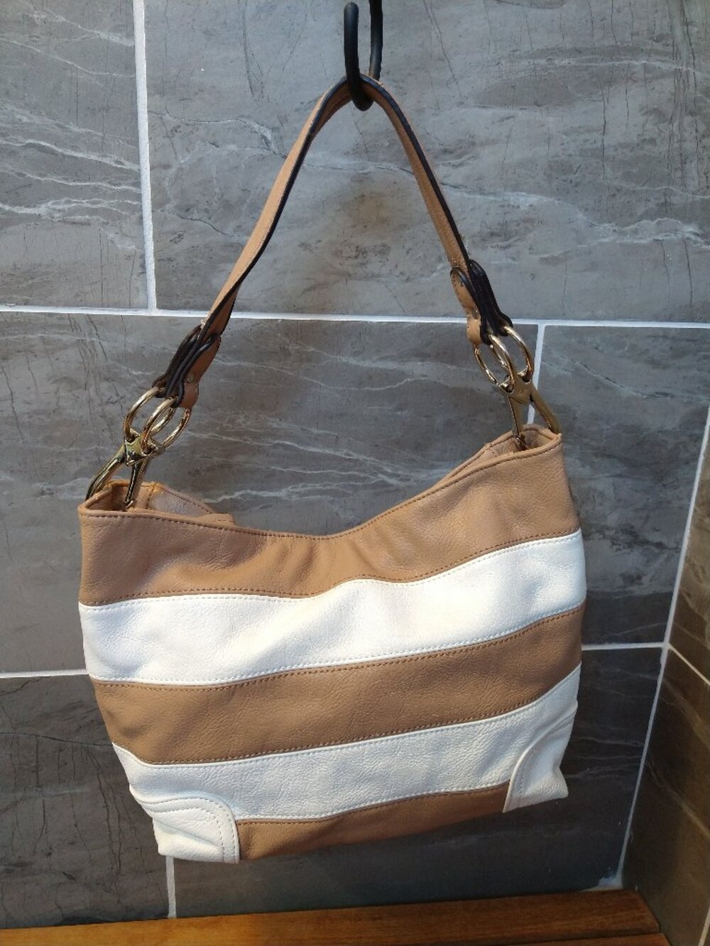 Tan and White Non-leather, Unbranded Hobo Purses
